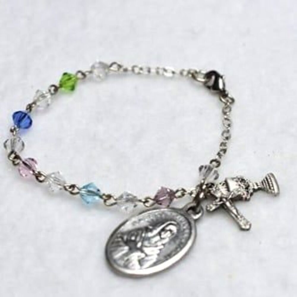 925 St.Kateri Tekakwitha Sterling Silver Charms Multi Color Beaded 6" Bracelet